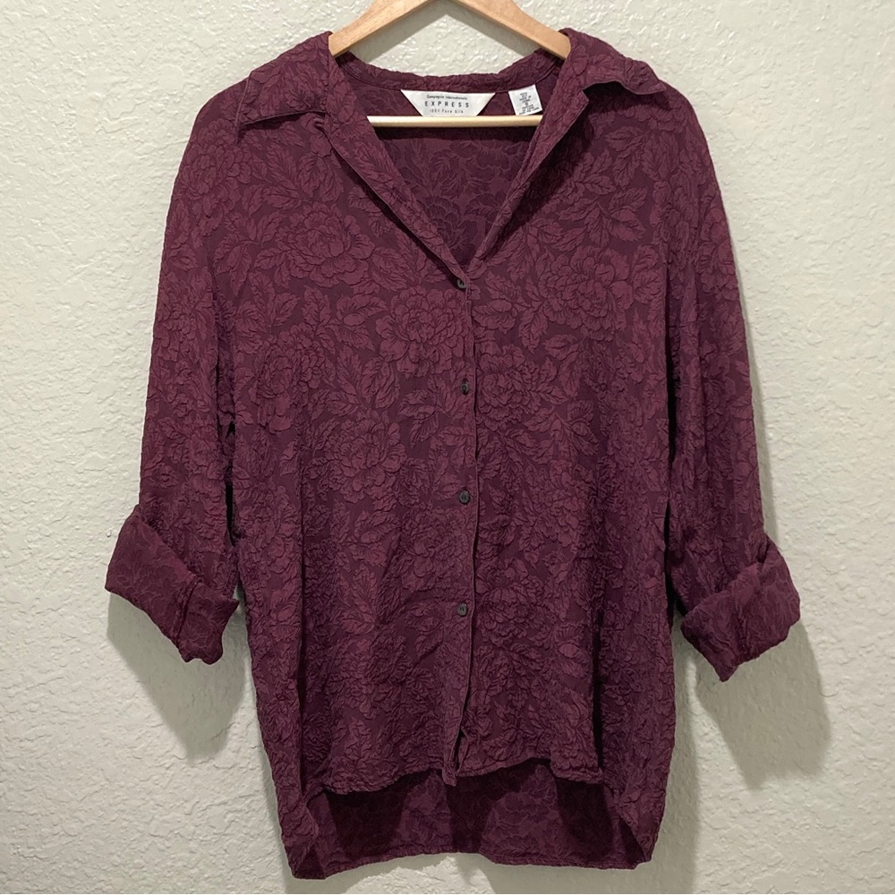 Vintage Express 100% Pure Silk Floral Embossed Plum Button-up Blouse, size S